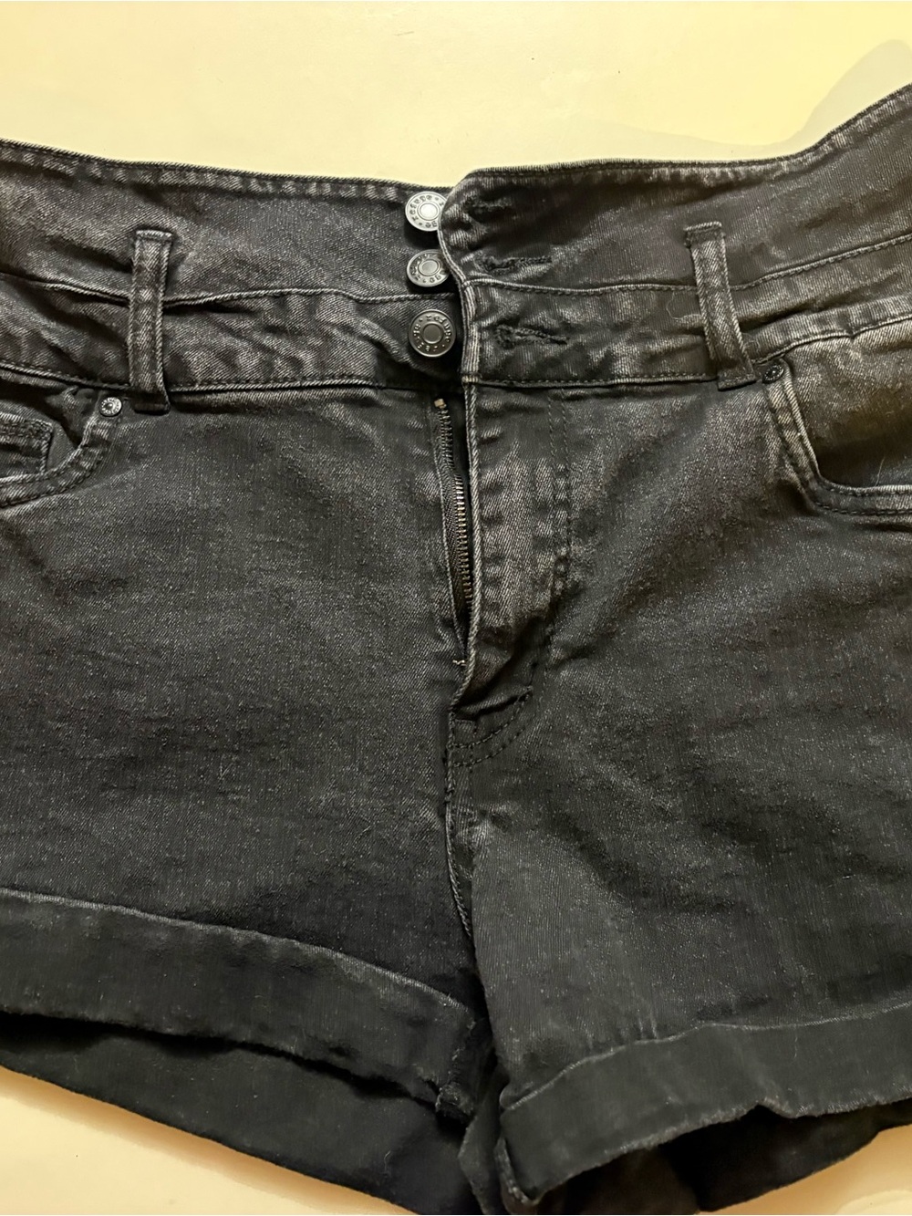refuge Triple-Button Black Denim Cuffed Shorts